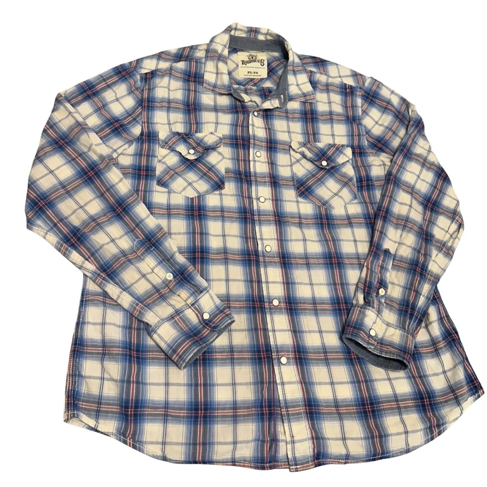Roebuck & Co Mens XL Blue Plaid Pearl Snap Western‎ Shirt Long Sleeve Cotton Mix